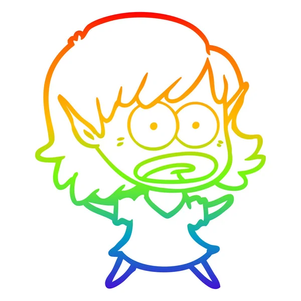 Regenboog gradiënt lijntekening cartoon geschokt elf meisje — Stockvector