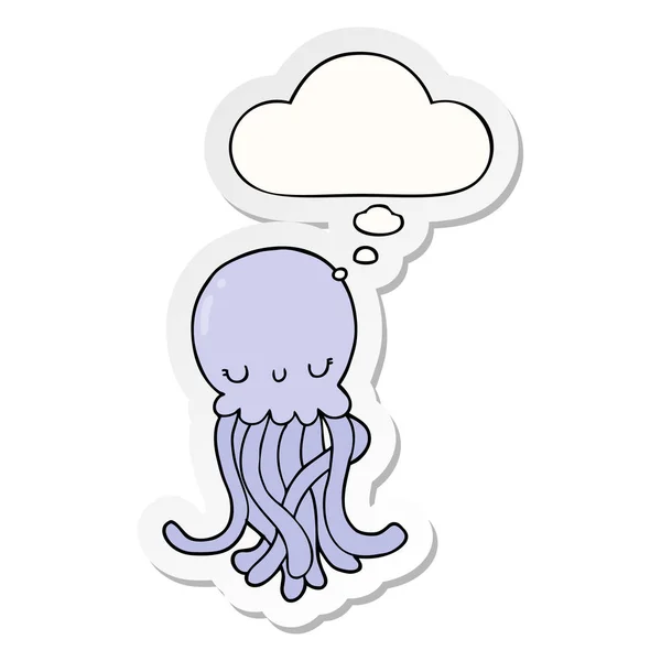 Słodkie kreskówki Jellyfish i myśli bańka jak drukowane naklejki — Wektor stockowy