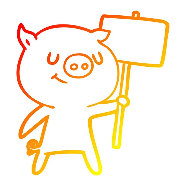 Linea gradiente caldo disegno felice cartone animato maiale con cartello — Vettoriale Stock