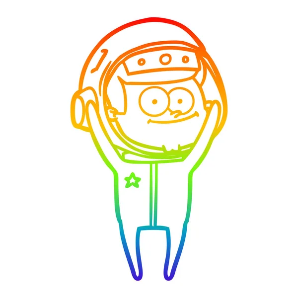 Rainbow gradient line drawing happy astronaut cartoon — Stock Vector