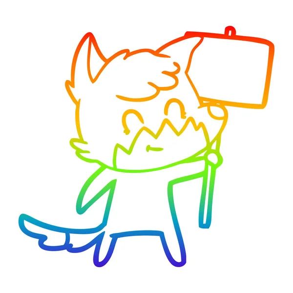 Linha gradiente arco-íris desenho cartoon amigável raposa com sinal —  Vetores de Stock