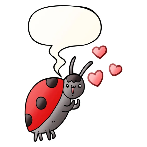 Leuke cartoon lieveheersbeestje in liefde en toespraak bubble in gladde gradien — Stockvector