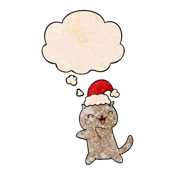 Mignon dessin animé noël chat et bulle de pensée dans la texture grunge — Image vectorielle