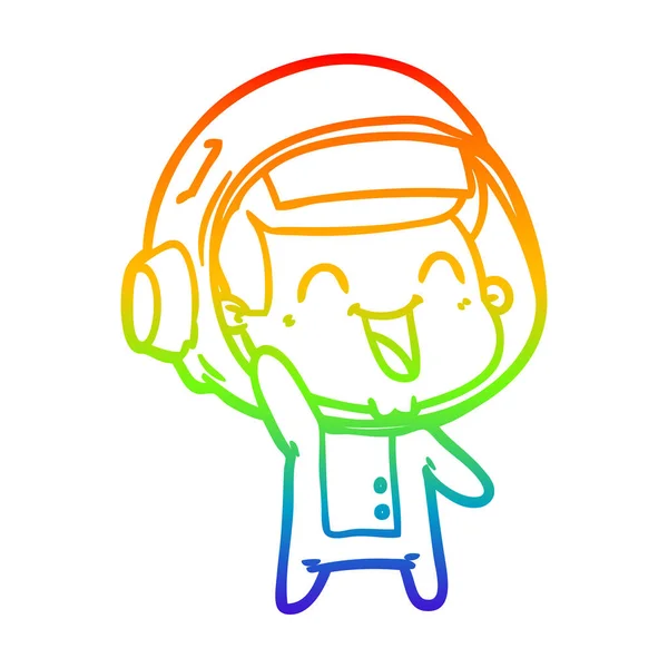 Rainbow gradient line drawing happy cartoon astronaut — Stock Vector