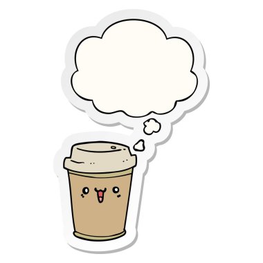 karikatür bir baskılı etiket olarak kahve ve düşünce balonu çıkarmak