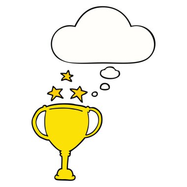 karikatür spor kupa ve düşünce balonu