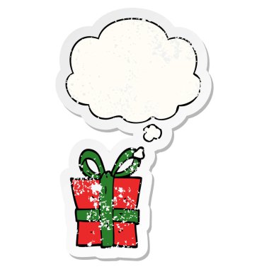 bir sıkıntılı yıpranmış etiket olarak karikatür hediye ve düşünce balonu