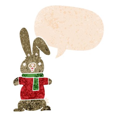 retro dokulu tarzda karikatür tavşan ve konuşma balonu