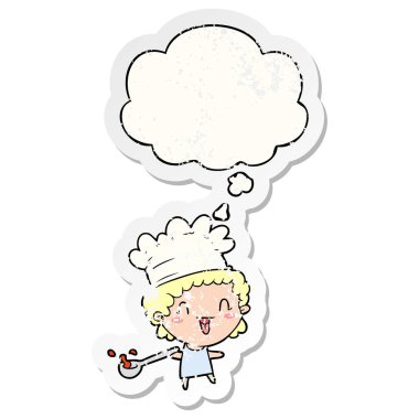 karikatür şefi ve sıkıntılı yıpranmış etiket olarak kabarcık düşünce