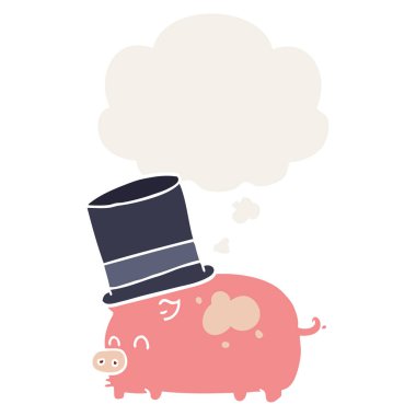 arka şapka giyen karikatür domuz ve retro tarzında kabarcık düşünce