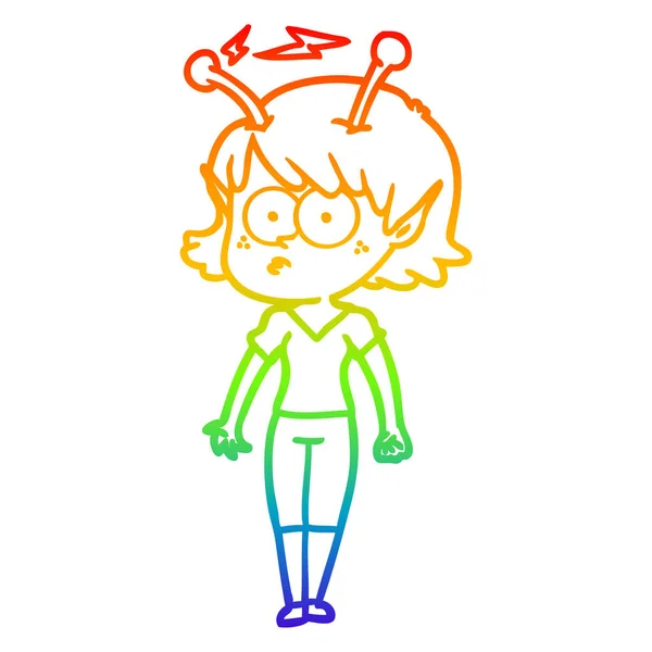 Regenboog gradiënt lijntekening cartoon Alien meisje — Stockvector