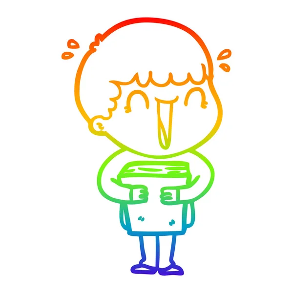 Regenbogen-Gradienten-Linie Zeichnung lachenden Karikaturisten Mann hält Buch — Stockvektor