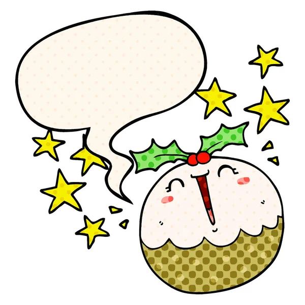 Mignon dessin animé joyeux pudding de Noël et bulle de la parole dans la bande dessinée — Image vectorielle