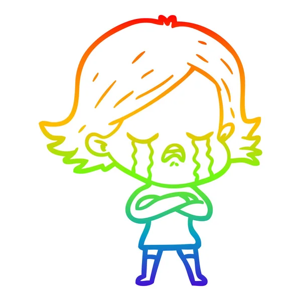 Rainbow gradient line drawing cartoon girl crying — Stock Vector