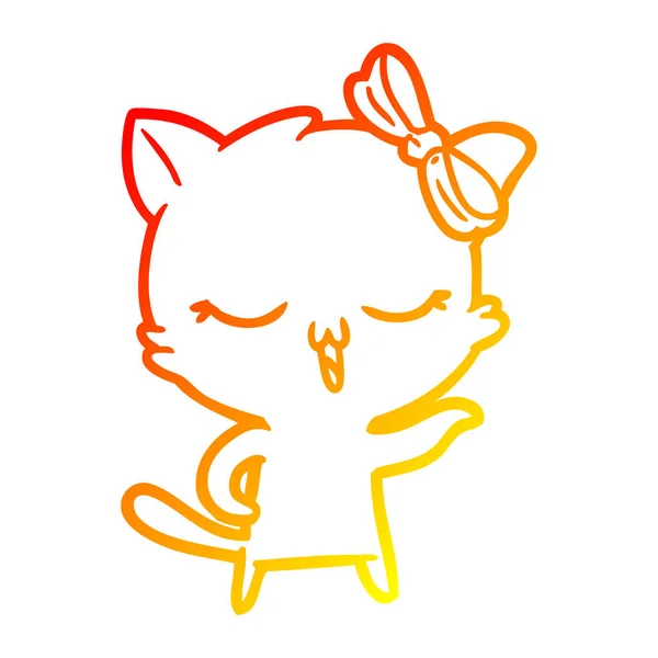 Linea gradiente caldo disegno fumetto gatto con arco sulla testa — Vettoriale Stock