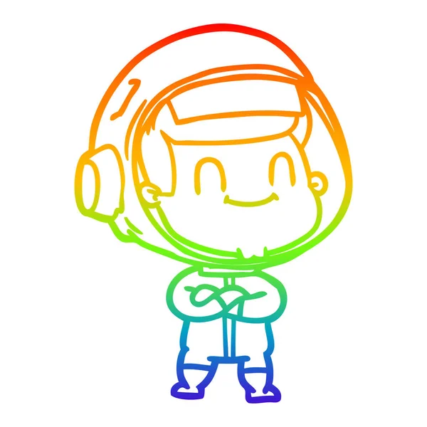 Rainbow gradient line drawing happy cartoon astronaut man — Stock Vector