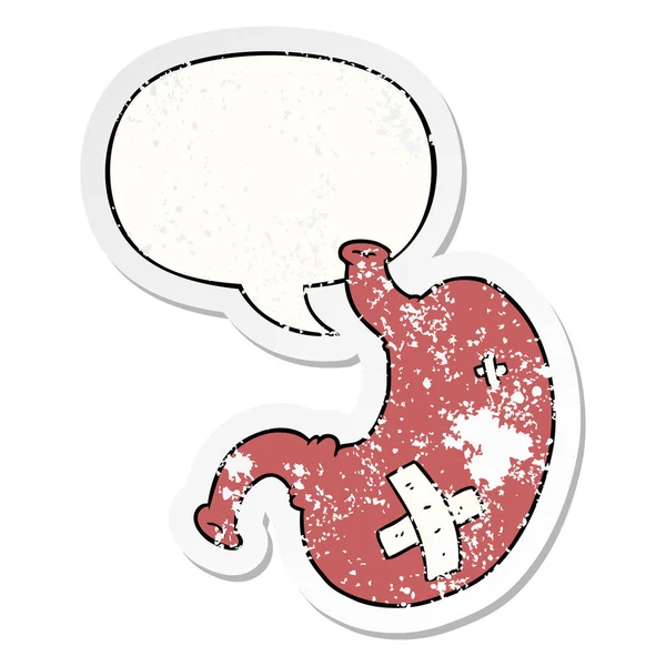Dibujos animados estómago y el habla burbuja angustiado pegatina — Vector de stock