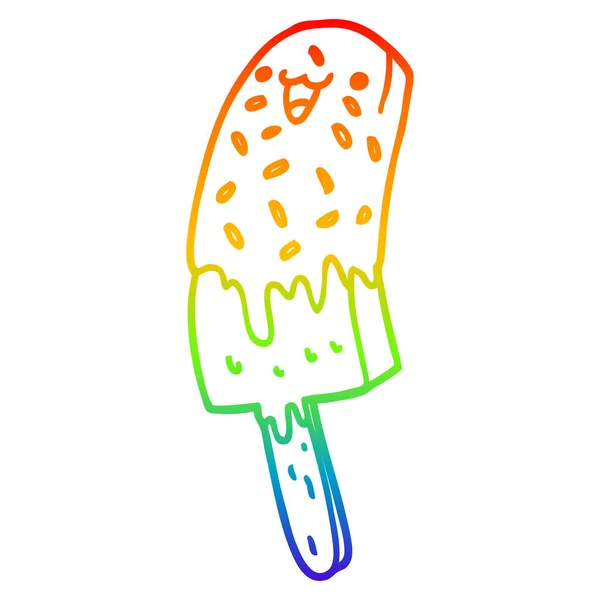 Linea gradiente arcobaleno disegno carino cartone animato felice ghiaccio lolly — Vettoriale Stock