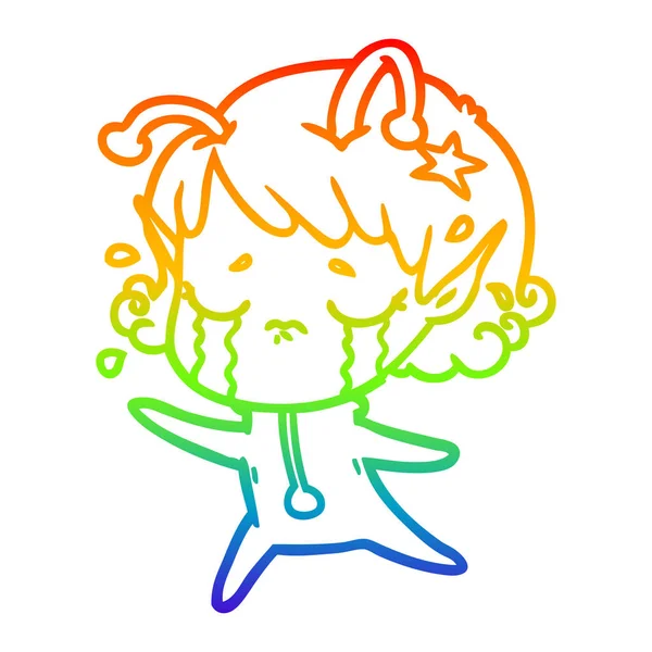 Rainbow gradient linje ritning tecknad Crying Alien Girl — Stock vektor