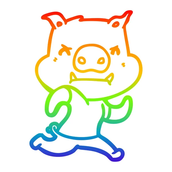 Arco iris gradiente línea dibujo enojado dibujos animados cerdo corriendo — Vector de stock