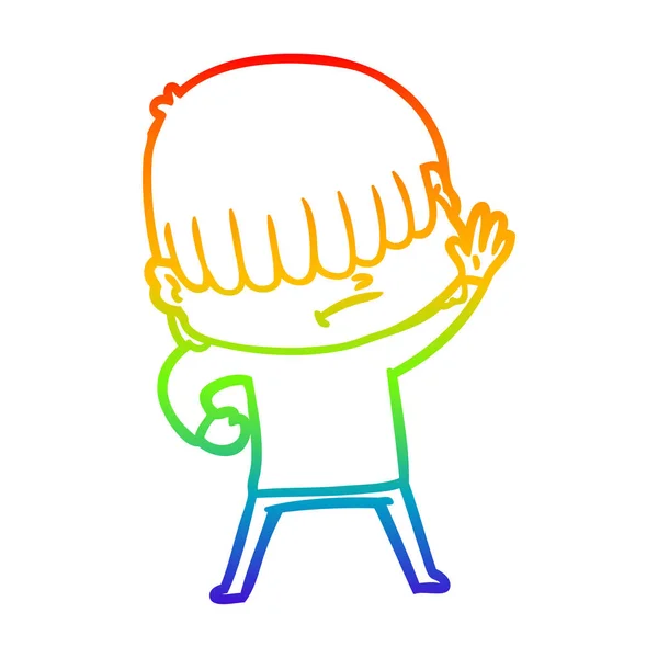Arco iris gradiente línea dibujo dibujos animados chico con el pelo desordenado — Vector de stock