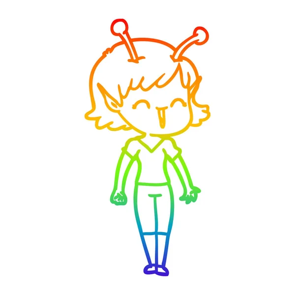 Rainbow gradient line drawing cartoon alien girl laughing — Stock Vector