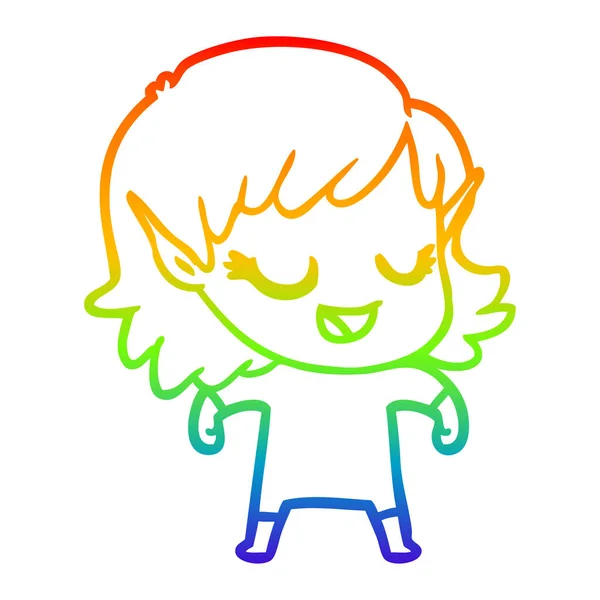 Rainbow gradient line drawing happy cartoon elf girl — Stock Vector