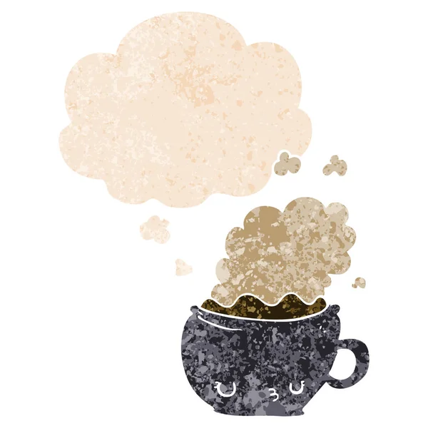Słodkie kreskówki filiżanki kawy i myśli bańka w retro teksturowane sty — Wektor stockowy