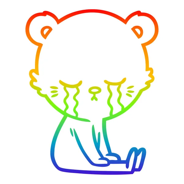 Rainbow gradient line drawing crying cartoon bear — Stock Vector