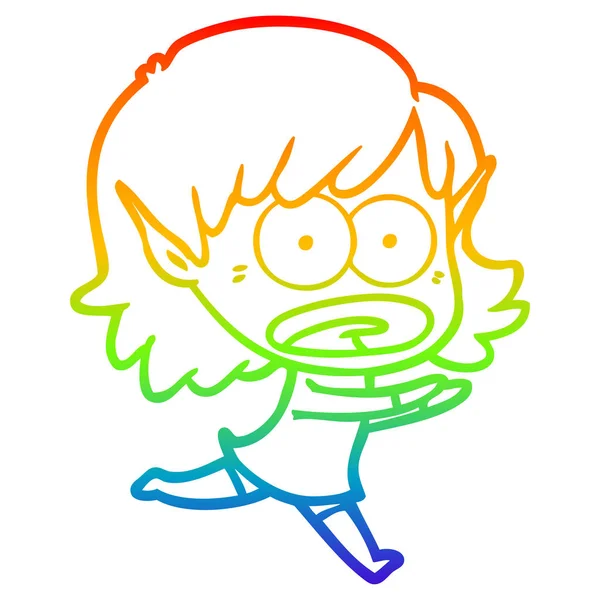 Arcobaleno gradiente linea disegno cartone animato scioccato elfo ragazza — Vettoriale Stock
