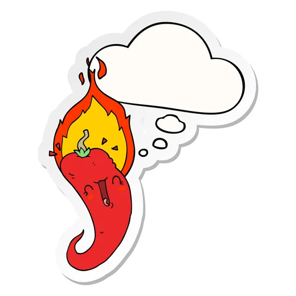 Cartoon flaming hot chili pepper and thought bubble as a printed — Stock Vector