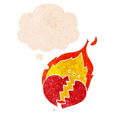 retro dokulu tarzında karikatür yanan kalp ve düşünce balonu