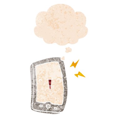 sevimli karikatür cep telefonu ve retro dokulu s düşünce balonu