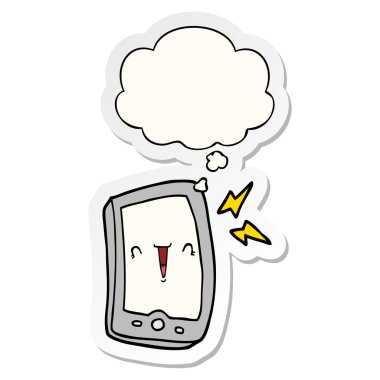 sevimli karikatür cep telefonu ve baskılı bir sticke olarak kabarcık düşünce