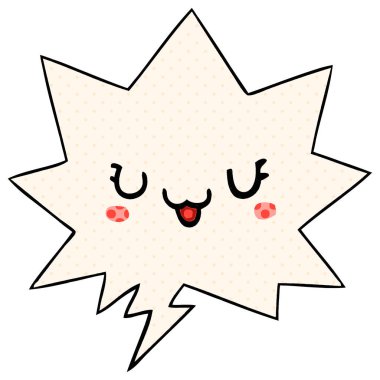 çizgi roman tarzında sevimli mutlu karikatür yüz ve konuşma balonu