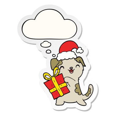 noel hediye ve şapka ve düşünce bu ile sevimli karikatür köpek yavrusu