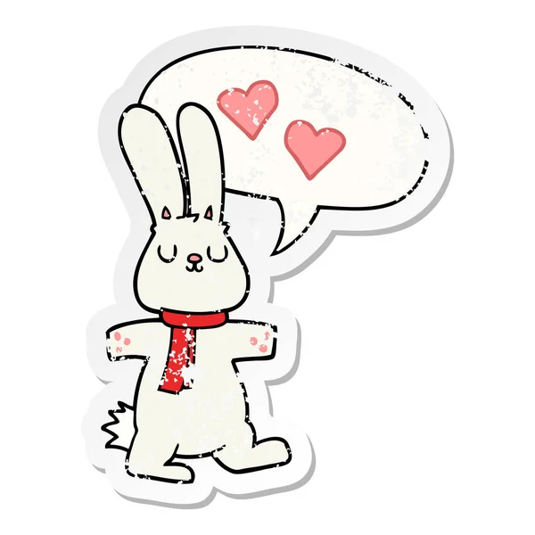 Tecknad kanin i kärlek och pratbubbla nödställda klistermärke — Stock vektor