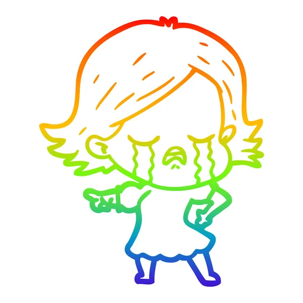 Rainbow gradient line drawing cartoon girl crying and pointing — Stock Vector