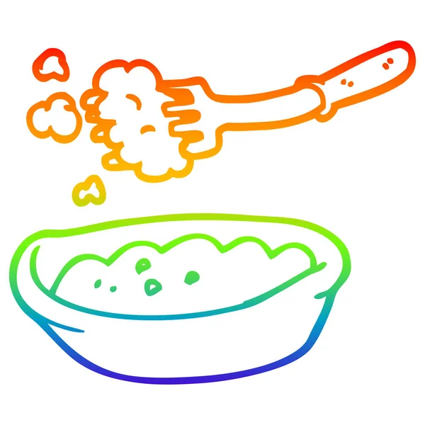 Rainbow gradient line drawing cartoon bowl of food — Stock Vector