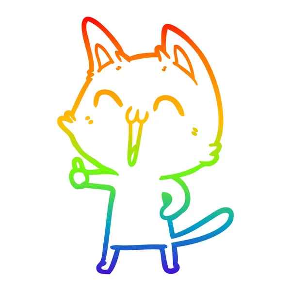 Rainbow gradient line drawing happy cartoon cat — Stock Vector