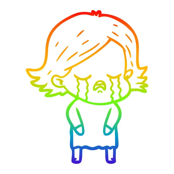 Rainbow gradient line drawing cartoon girl crying — Stock Vector