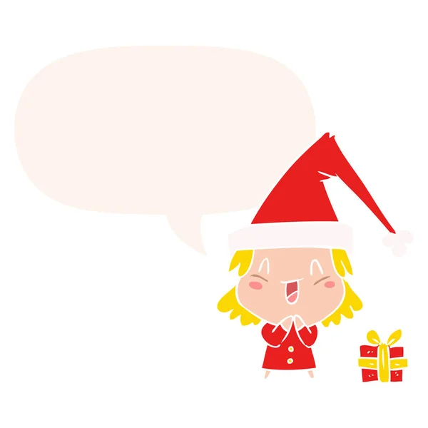 Καρτούν κορίτσι φορώντας καπέλο Χριστουγέννων και φούσκα ομιλίας σε ρετρό St — Διανυσματικό Αρχείο