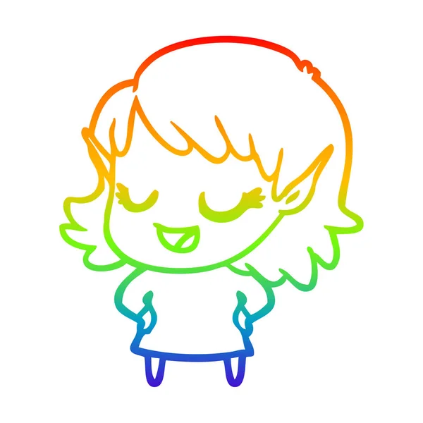 Rainbow gradient ligne dessin heureux dessin animé elfe fille — Image vectorielle