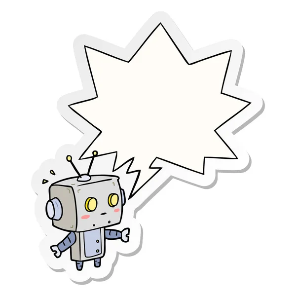 Cute cartoon surprised robot and speech bubble sticker — Stock Vector