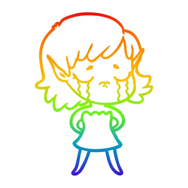 Regenboog gradiënt lijntekening huilen cartoon elf meisje — Stockvector