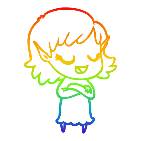 Arco iris gradiente línea dibujo feliz dibujos animados elfo chica — Archivo Imágenes Vectoriales