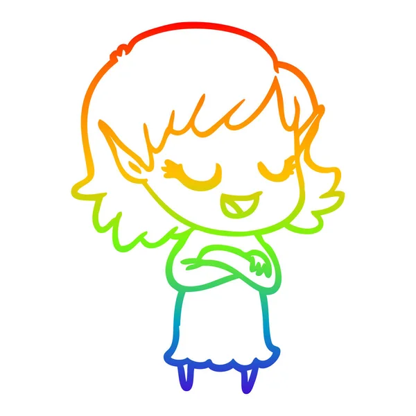 Linea gradiente arcobaleno disegno felice ragazza elfo cartone animato — Vettoriale Stock