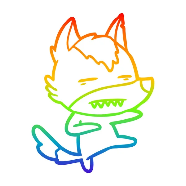 Arco iris gradiente línea dibujo dibujos animados lobo patadas — Vector de stock