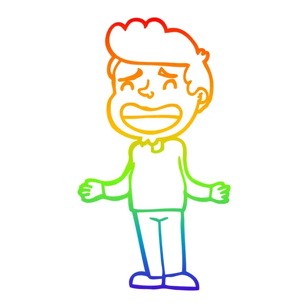 Rainbow gradient line drawing cartoon boy shrugging — Stock Vector