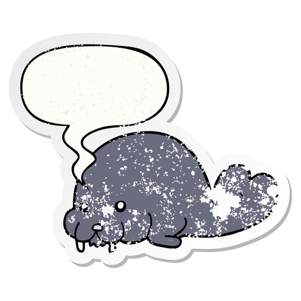 Leuke cartoon Walrus en toespraak bubble noodlijdende sticker — Stockvector